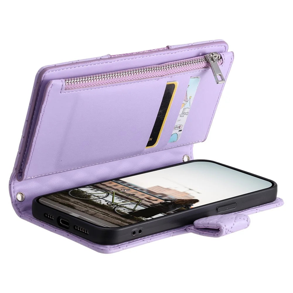 For Samsung Galaxy S26 Case Zipper Pocket Glitter Leather Phone Cover with Wrist Strap - Purple - 5