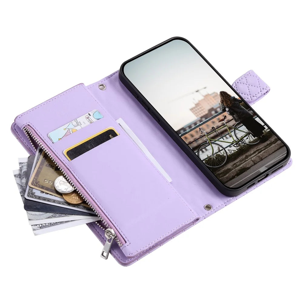 For Samsung Galaxy S26 Case Zipper Pocket Glitter Leather Phone Cover with Wrist Strap - Purple - 6