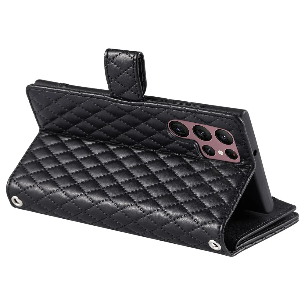 For Samsung Galaxy S26 Ultra Case Zipper Pocket Glitter Leather Phone Cover with Wrist Strap - Black - 4