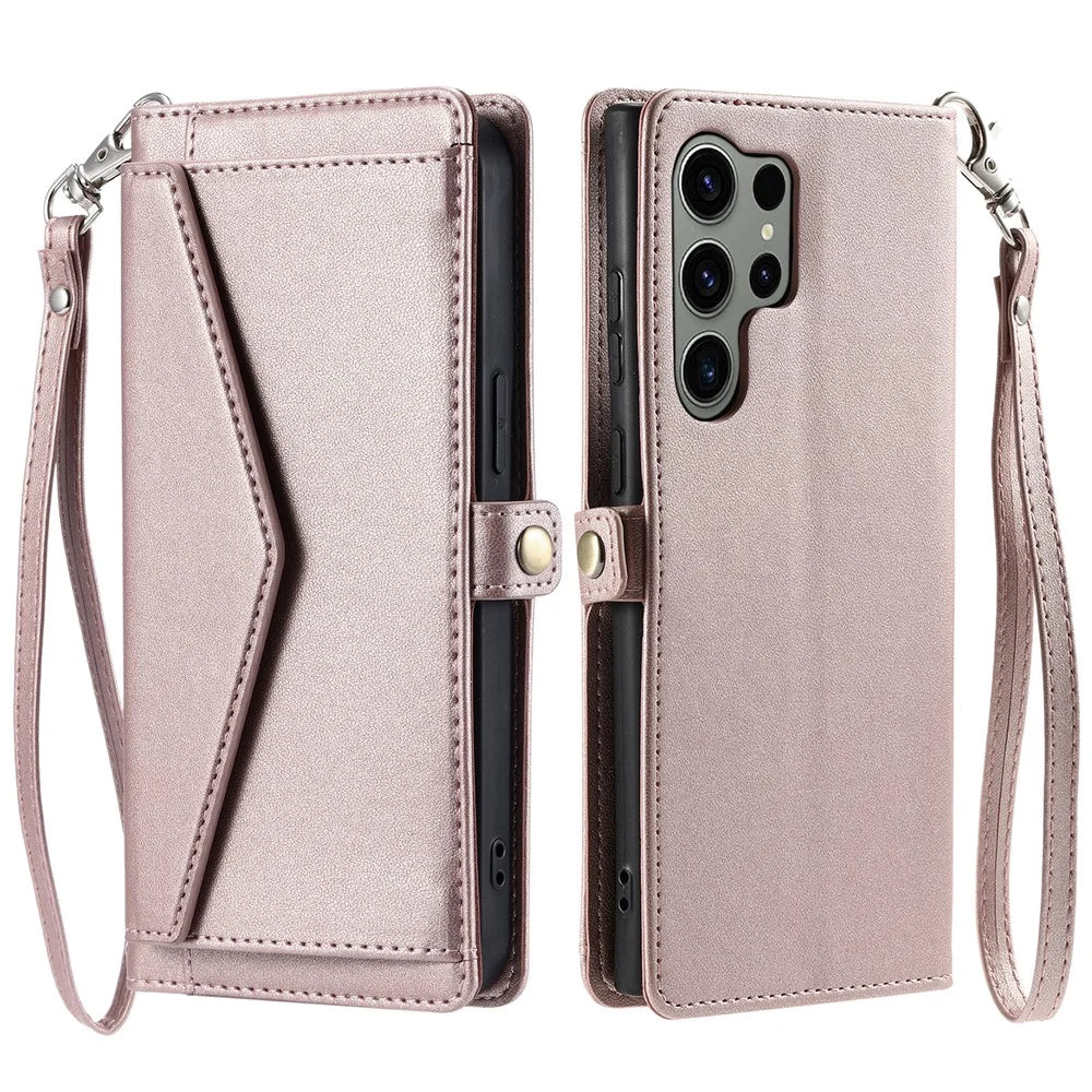 For Samsung Galaxy S26 Ultra Leather Case with Wrist Strap Wallet Stand Phone Cover - Rose Gold - 1