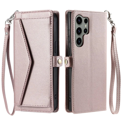 For Samsung Galaxy S26 Ultra Leather Case with Wrist Strap Wallet Stand Phone Cover - Rose Gold - 1