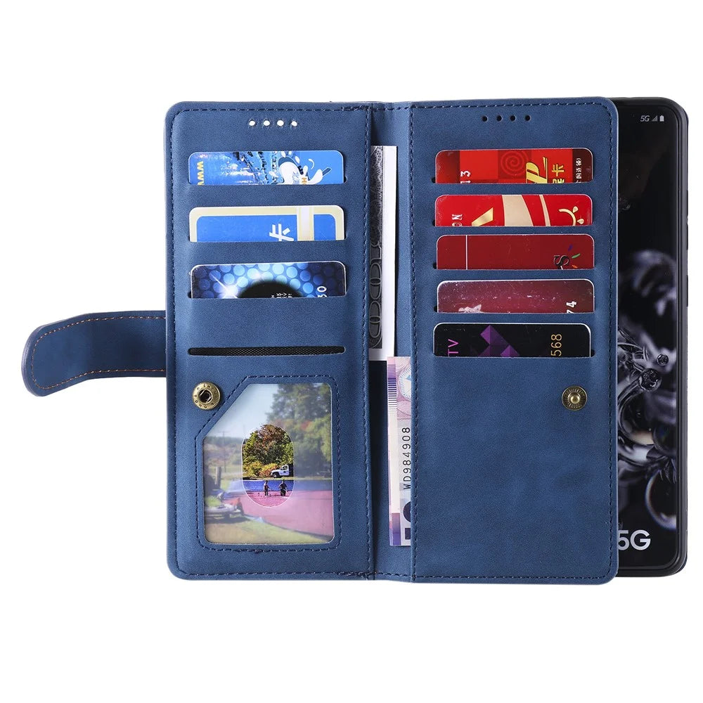 For Samsung Galaxy S26 Ultra Case 9 Card Slots Zipper Wallet PU Leather Phone Cover with Wrist Strap - Blue - 2