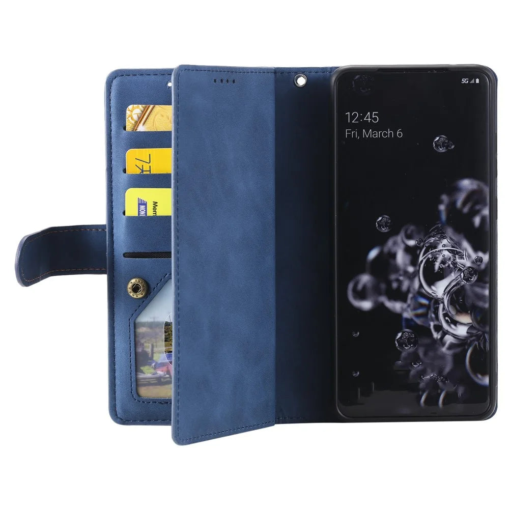 For Samsung Galaxy S26 Ultra Case 9 Card Slots Zipper Wallet PU Leather Phone Cover with Wrist Strap - Blue - 3
