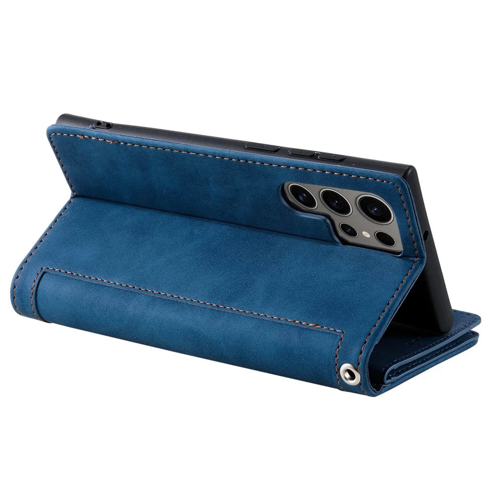 For Samsung Galaxy S26 Ultra Case 9 Card Slots Zipper Wallet PU Leather Phone Cover with Wrist Strap - Blue - 5
