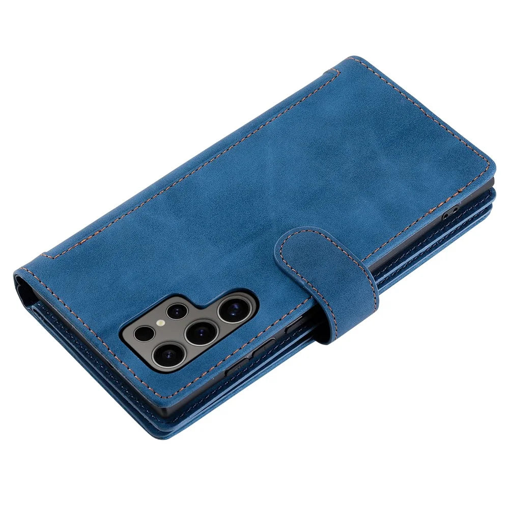 For Samsung Galaxy S26 Ultra Case 9 Card Slots Zipper Wallet PU Leather Phone Cover with Wrist Strap - Blue - 7