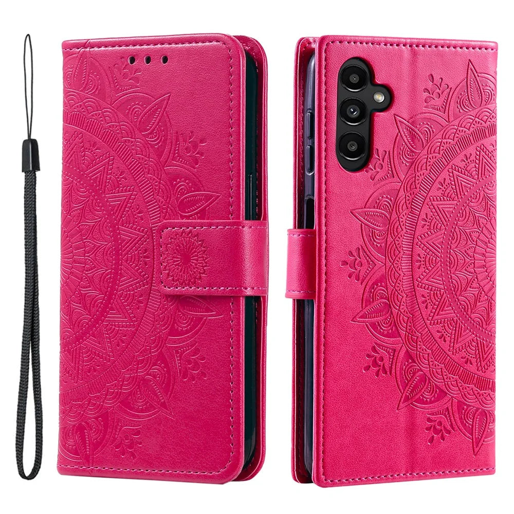 For Samsung Galaxy S26 Stand Case Imprinted Totem PU Leather Wallet Phone Cover with Wrist Strap - Rose - 1