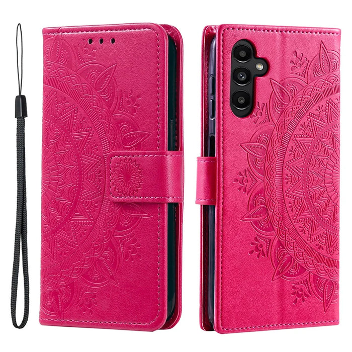 For Samsung Galaxy S26 Stand Case Imprinted Totem PU Leather Wallet Phone Cover with Wrist Strap - Rose - 1