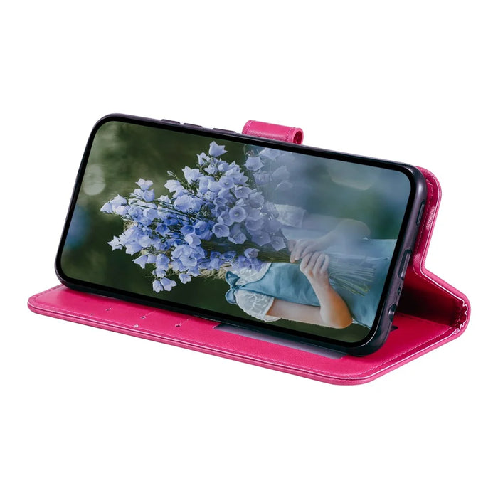 For Samsung Galaxy S26 Stand Case Imprinted Totem PU Leather Wallet Phone Cover with Wrist Strap - Rose - 3