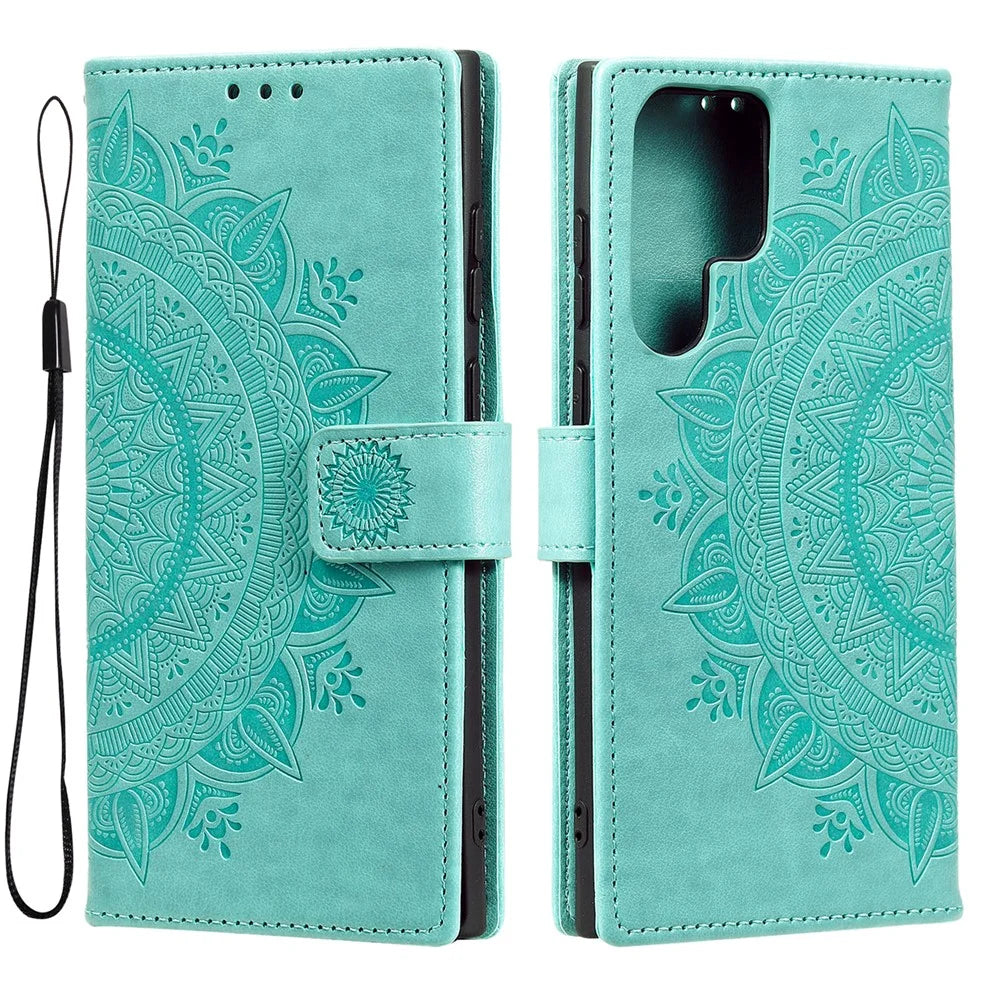 For Samsung Galaxy S26 Ultra Stand Case Imprinted Totem PU Leather Wallet Phone Cover with Wrist Strap - Mint Green - 1