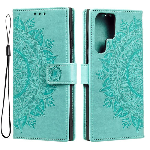 For Samsung Galaxy S26 Ultra Stand Case Imprinted Totem PU Leather Wallet Phone Cover with Wrist Strap - Mint Green - 1