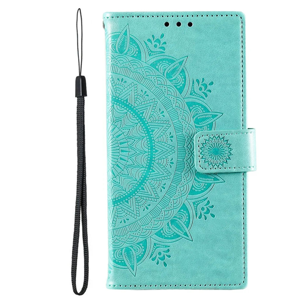 For Samsung Galaxy S26 Ultra Stand Case Imprinted Totem PU Leather Wallet Phone Cover with Wrist Strap - Mint Green - 4