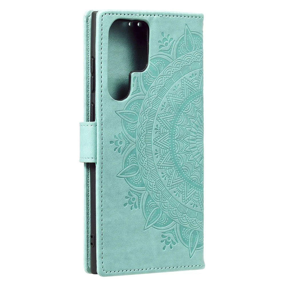 For Samsung Galaxy S26 Ultra Stand Case Imprinted Totem PU Leather Wallet Phone Cover with Wrist Strap - Mint Green - 5