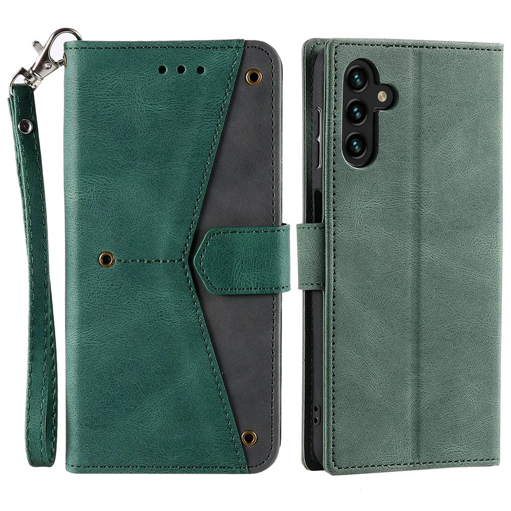 For Samsung Galaxy S26 Leather Case Splicing Stitching Wallet Phone Cover with Wrist Strap - Green - 1