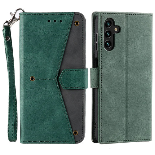 For Samsung Galaxy S26 Leather Case Splicing Stitching Wallet Phone Cover with Wrist Strap - Green - 1