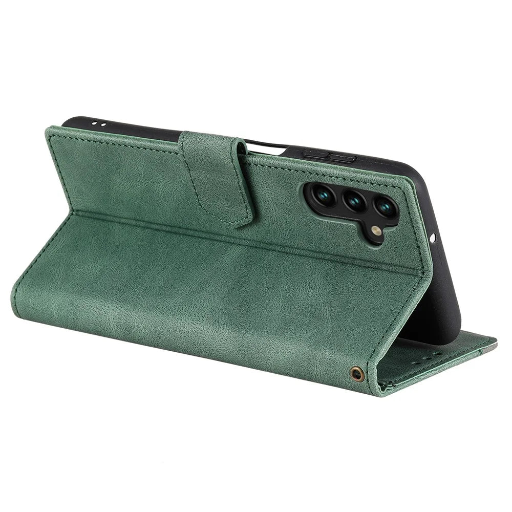 For Samsung Galaxy S26 Leather Case Splicing Stitching Wallet Phone Cover with Wrist Strap - Green - 3