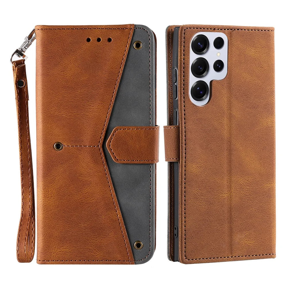 For Samsung Galaxy S26 Ultra Leather Case Splicing Stitching Wallet Phone Cover with Wrist Strap - Brown - 1