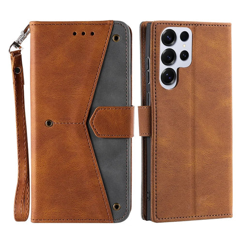 For Samsung Galaxy S26 Ultra Leather Case Splicing Stitching Wallet Phone Cover with Wrist Strap - Brown - 1