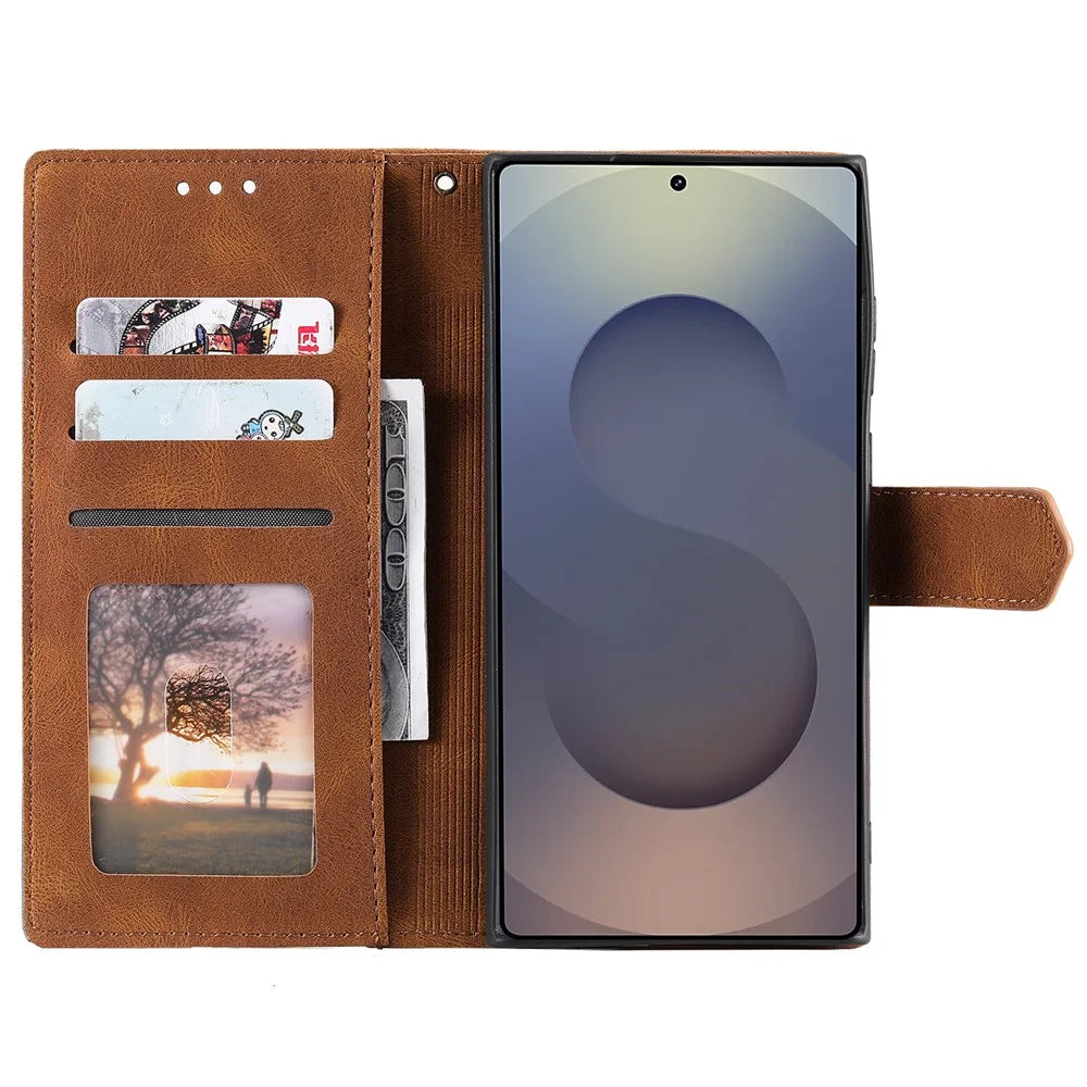 For Samsung Galaxy S26 Ultra Leather Case Splicing Stitching Wallet Phone Cover with Wrist Strap - Brown - 2