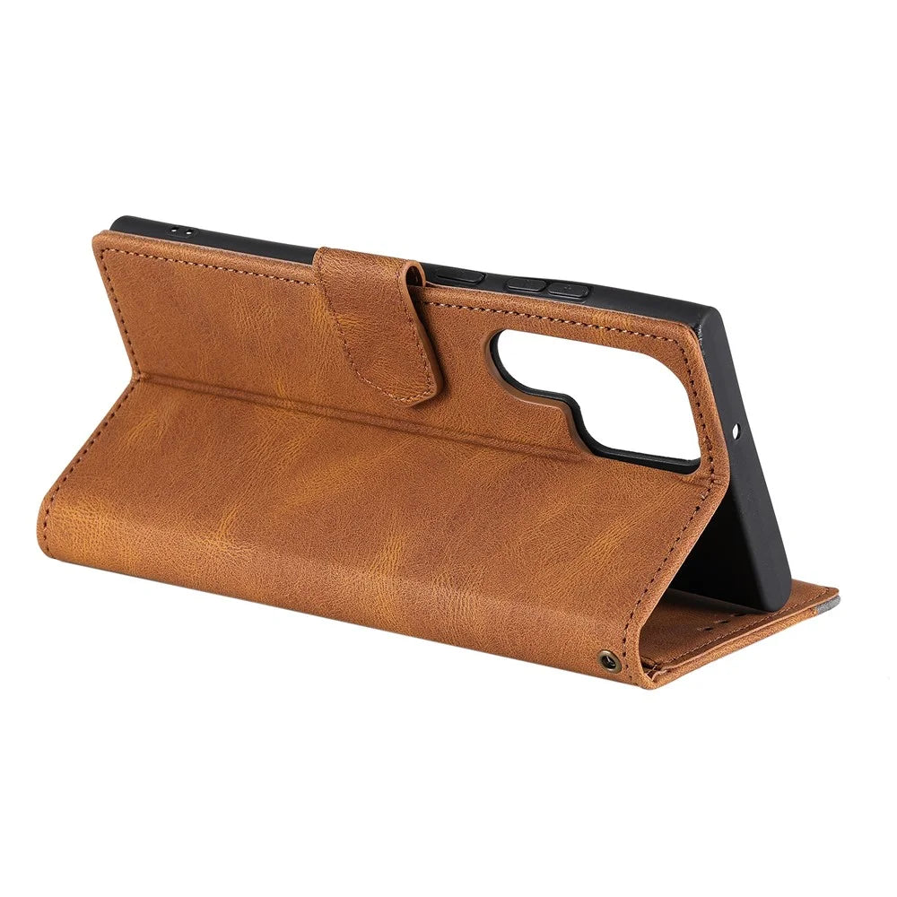 For Samsung Galaxy S26 Ultra Leather Case Splicing Stitching Wallet Phone Cover with Wrist Strap - Brown - 3