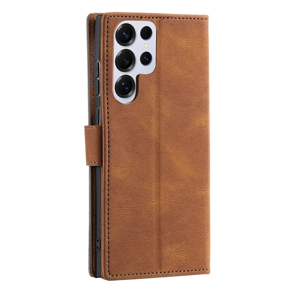 For Samsung Galaxy S26 Ultra Leather Case Splicing Stitching Wallet Phone Cover with Wrist Strap - Brown - 6