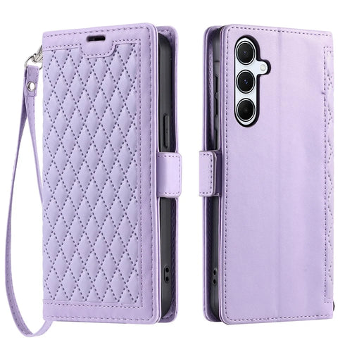 For Samsung Galaxy S26 Leather Case Rhombus Texture Wallet Stand Phone Cover with Wrist Strap - Purple - 1