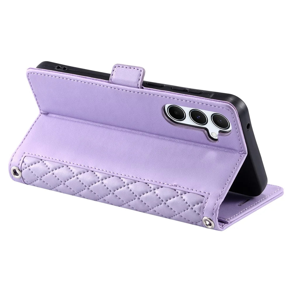 For Samsung Galaxy S26 Leather Case Rhombus Texture Wallet Stand Phone Cover with Wrist Strap - Purple - 4