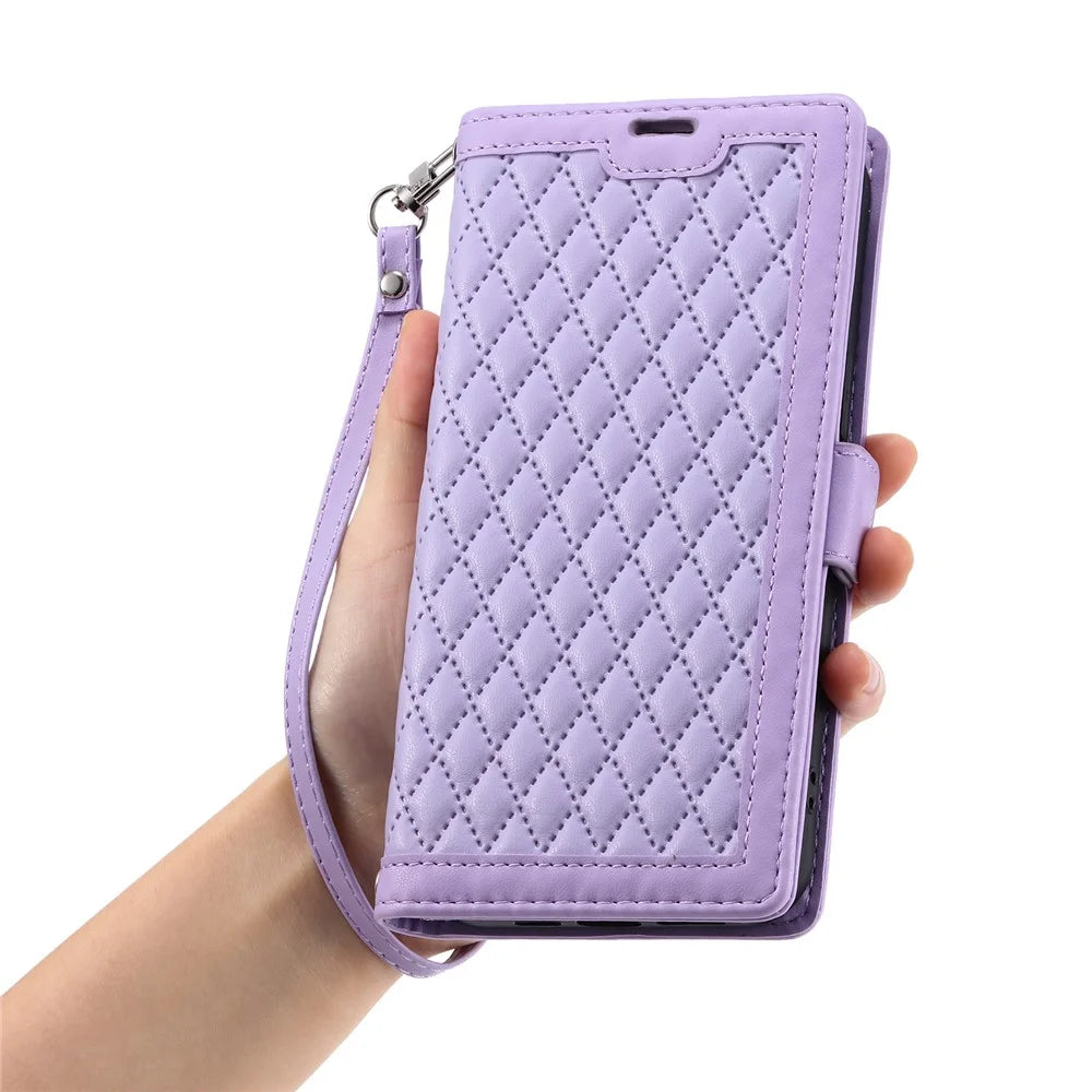 For Samsung Galaxy S26 Leather Case Rhombus Texture Wallet Stand Phone Cover with Wrist Strap - Purple - 5
