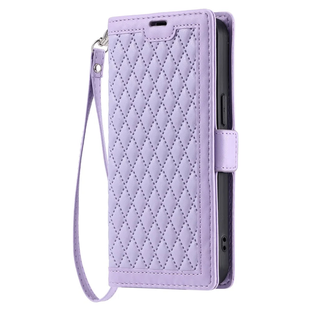 For Samsung Galaxy S26 Leather Case Rhombus Texture Wallet Stand Phone Cover with Wrist Strap - Purple - 7