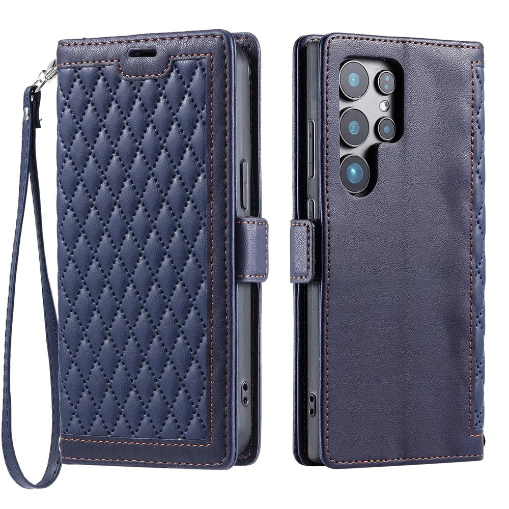 For Samsung Galaxy S26 Ultra Leather Case Rhombus Texture Wallet Stand Phone Cover with Wrist Strap - Blue - 1