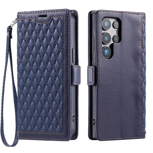 For Samsung Galaxy S26 Ultra Leather Case Rhombus Texture Wallet Stand Phone Cover with Wrist Strap - Blue - 1