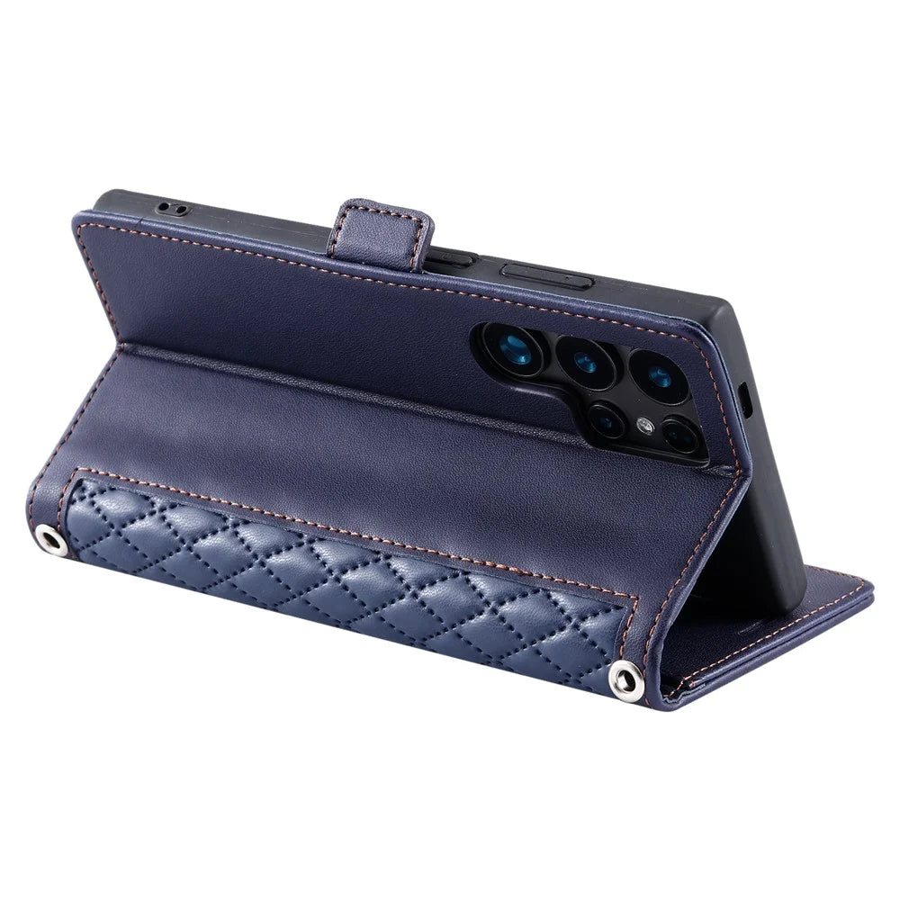 For Samsung Galaxy S26 Ultra Leather Case Rhombus Texture Wallet Stand Phone Cover with Wrist Strap - Blue - 4