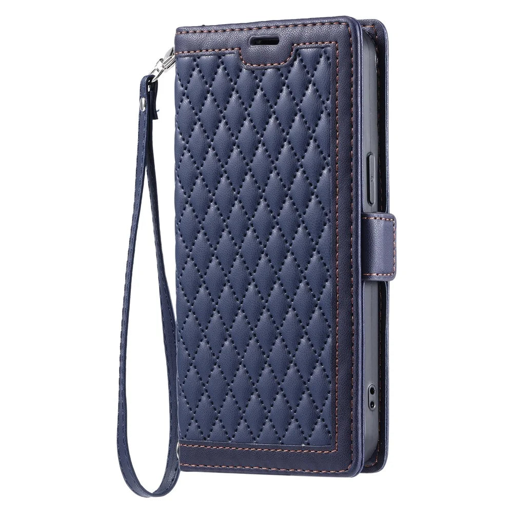 For Samsung Galaxy S26 Ultra Leather Case Rhombus Texture Wallet Stand Phone Cover with Wrist Strap - Blue - 7