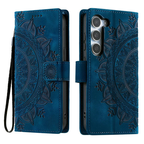 For Samsung Galaxy S26 Case Imprinted Totem Skin Feel Wallet Leather Phone Cover with Hand Strap - Blue - 1
