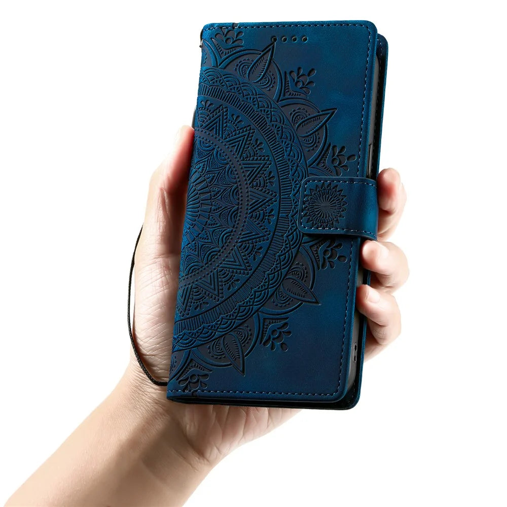 For Samsung Galaxy S26 Case Imprinted Totem Skin Feel Wallet Leather Phone Cover with Hand Strap - Blue - 6