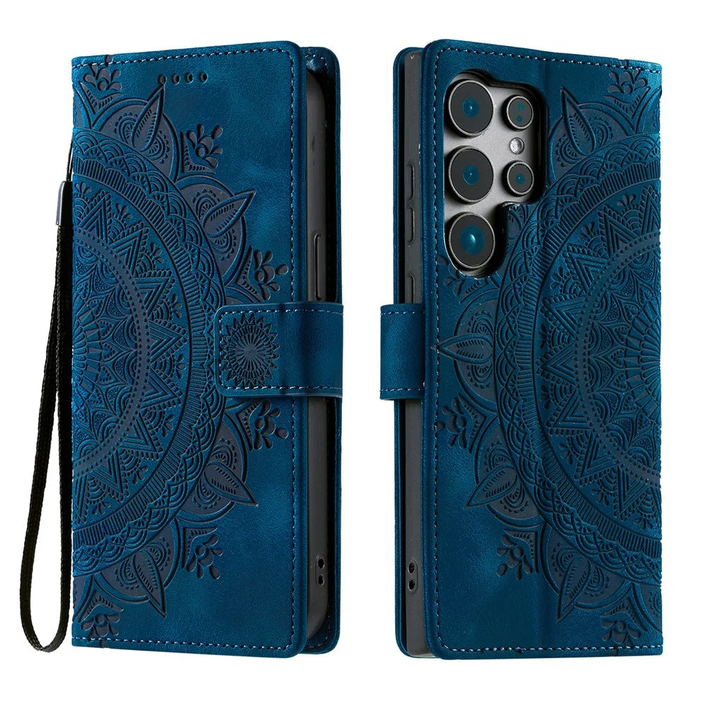 For Samsung Galaxy S26 Ultra Case Imprinted Totem Skin Feel Wallet Leather Phone Cover with Hand Strap - Blue - 1