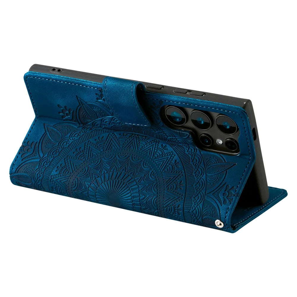 For Samsung Galaxy S26 Ultra Case Imprinted Totem Skin Feel Wallet Leather Phone Cover with Hand Strap - Blue - 4