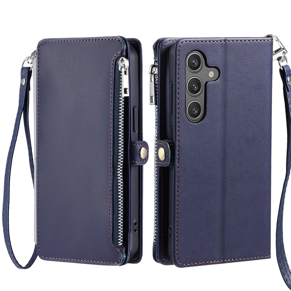 For Samsung Galaxy S26 Case TPU + PU Leather Wallet Phone Cover with Wrist Strap - Blue - 1