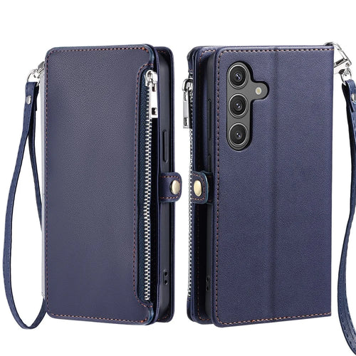 For Samsung Galaxy S26 Case TPU + PU Leather Wallet Phone Cover with Wrist Strap - Blue - 1