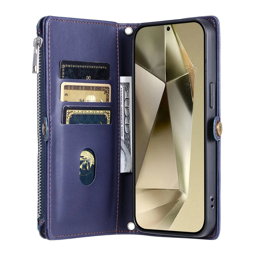 For Samsung Galaxy S26 Case TPU + PU Leather Wallet Phone Cover with Wrist Strap - Blue - 2