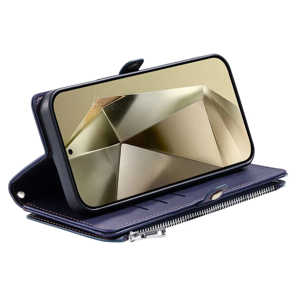 For Samsung Galaxy S26 Case TPU + PU Leather Wallet Phone Cover with Wrist Strap - Blue - 4