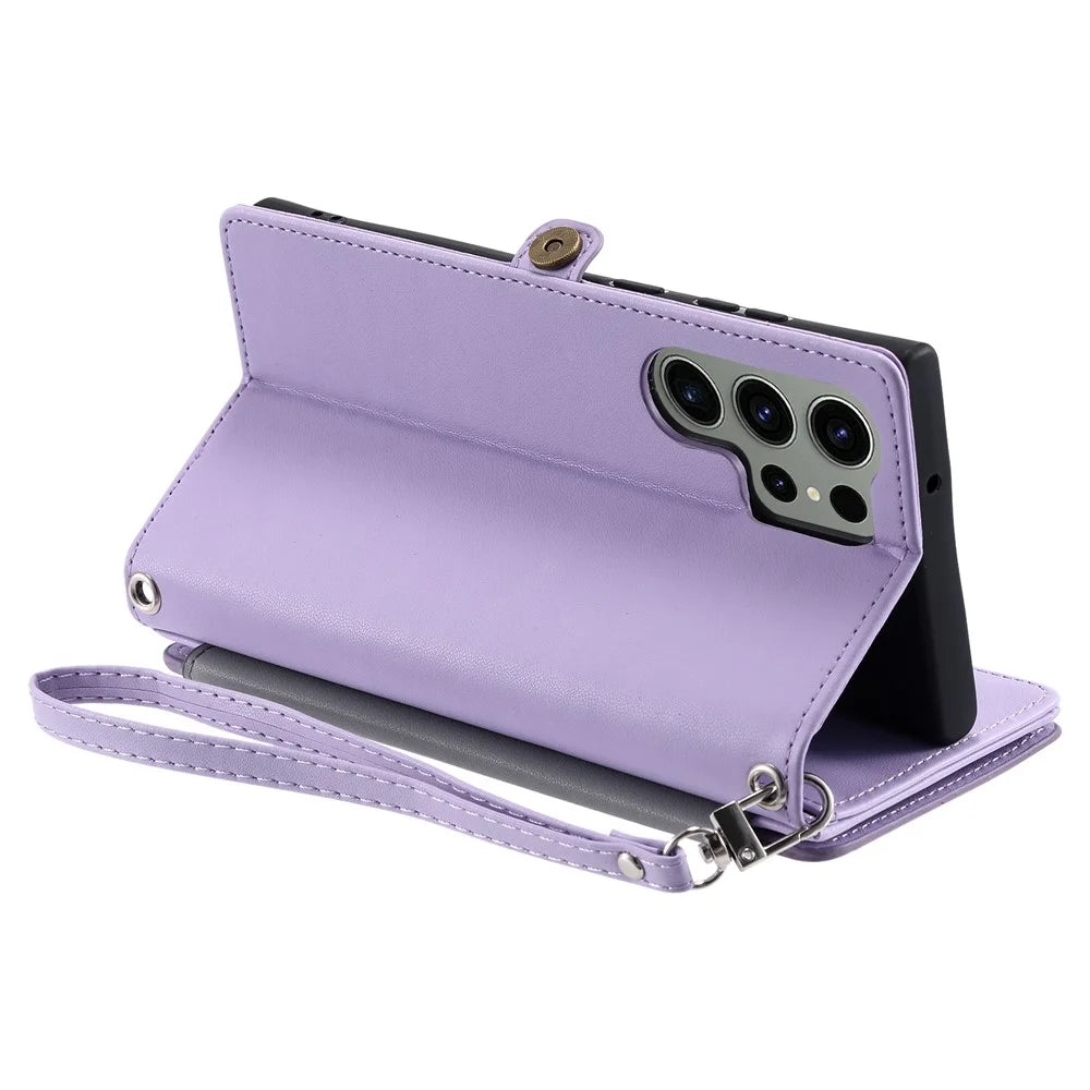 For Samsung Galaxy S26 Ultra Case TPU + PU Leather Wallet Phone Cover with Wrist Strap - Purple - 5