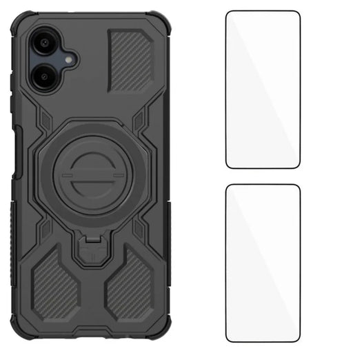 WANLONFENG For Samsung Galaxy A06 4G Case Kickstand with 2Pcs Screen Film  KJ Series PC TPU Phone Cover (Big Lens Hole) - Black - 1