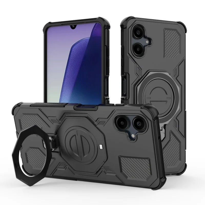 WANLONFENG For Samsung Galaxy A06 4G Case Kickstand with 2Pcs Screen Film  KJ Series PC TPU Phone Cover (Big Lens Hole) - Black - 4
