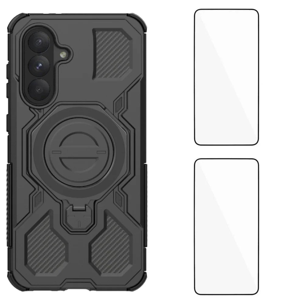 WANLONFENG For Samsung Galaxy A16 4G / Galaxy A16 5G Case Kickstand with 2Pcs Screen Film  KJ Series PC TPU Phone Cover (Big Lens Hole) - Black - 1