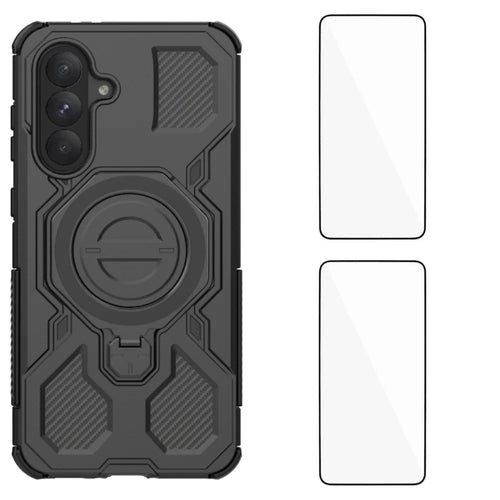 WANLONFENG For Samsung Galaxy A16 4G / Galaxy A16 5G Case Kickstand with 2Pcs Screen Film  KJ Series PC TPU Phone Cover (Big Lens Hole) - Black - 1