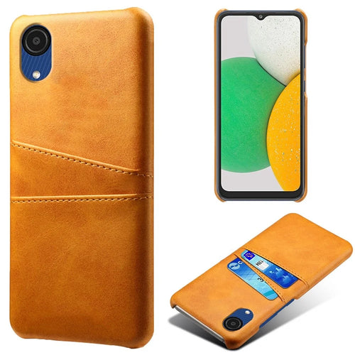 For Samsung Galaxy A23e Scratch Resistance Dual Card Slots Holder Protective Phone Case PU Leather Coated Hard PC Phone Shell - Orange - 1