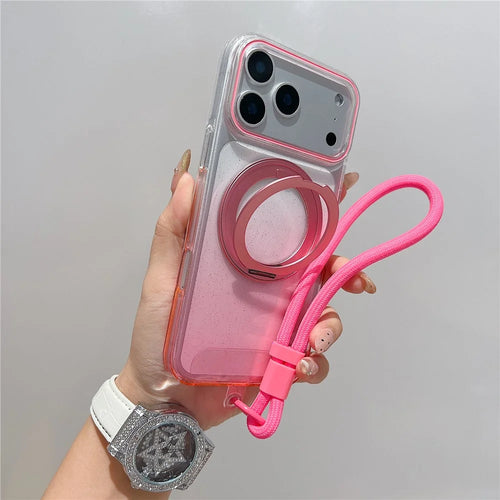 For iPhone 18 Pro / 17 Pro Magnetic Case 360 Rotating Ring Kickstand Gradient Clear TPU Phone Back Cover with Wrist Strap - Pink - 1