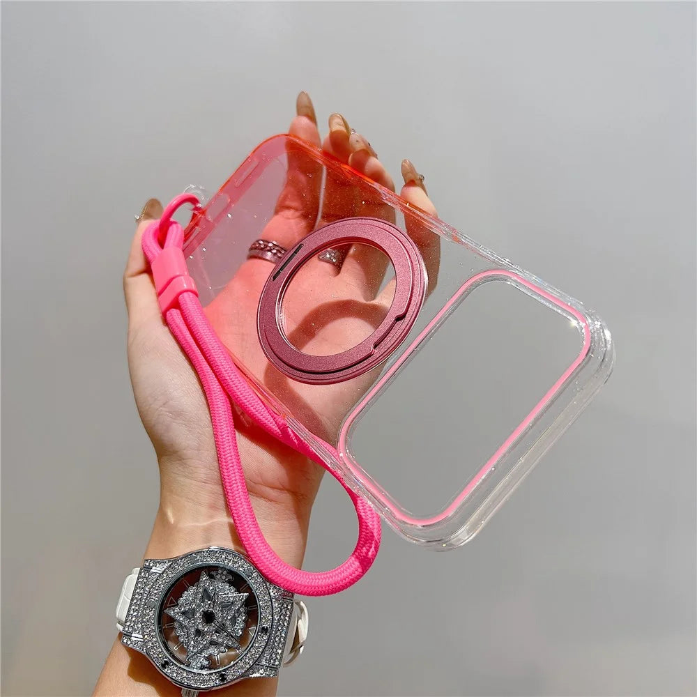 For iPhone 18 Pro / 17 Pro Magnetic Case 360 Rotating Ring Kickstand Gradient Clear TPU Phone Back Cover with Wrist Strap - Pink - 2