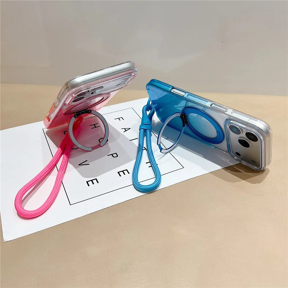 For iPhone 18 Pro / 17 Pro Magnetic Case 360 Rotating Ring Kickstand Gradient Clear TPU Phone Back Cover with Wrist Strap - Pink - 6
