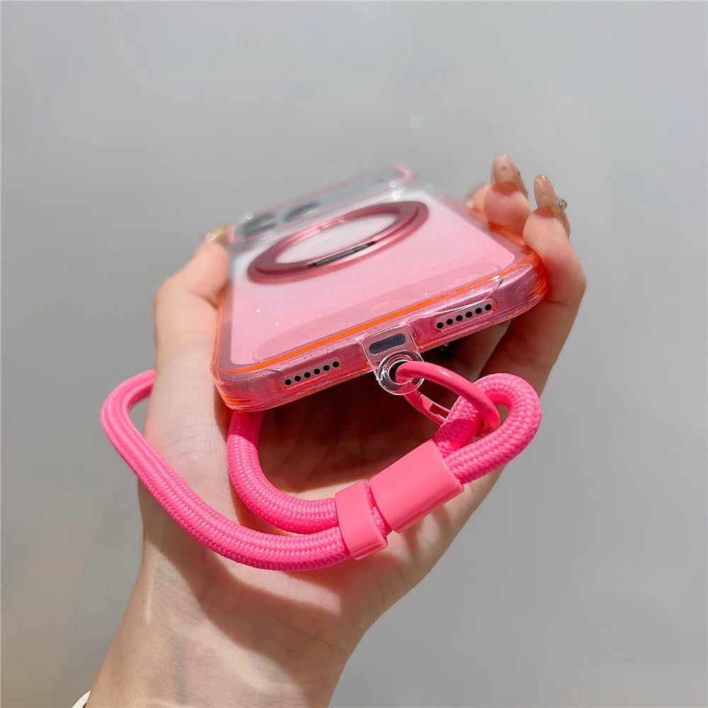 For iPhone 18 Pro Max / 17 Pro Max Magnetic Case 360 Rotating Ring Kickstand Gradient Clear TPU Phone Back Cover with Wrist Strap - Pink - 3